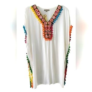 SAHIBA White Embroidered Pom Pom Beach Cover Up Size XL NWT